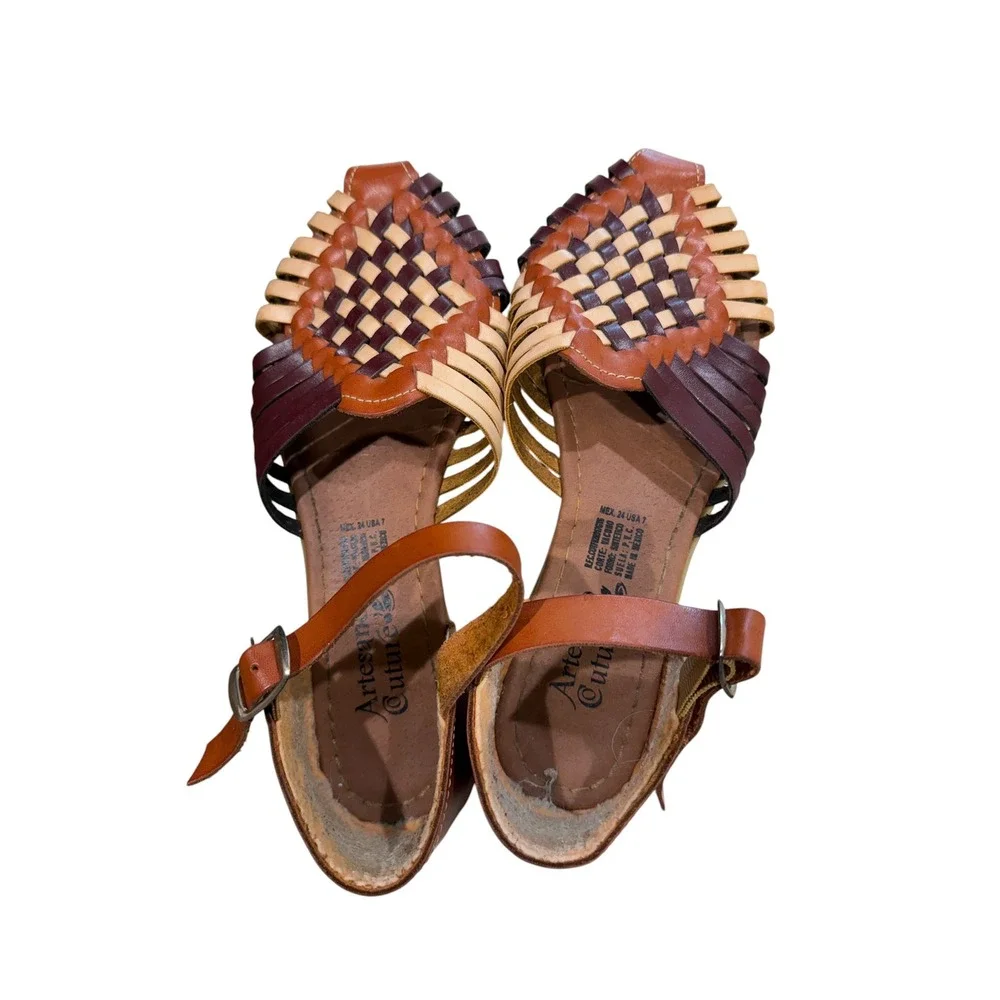 Artesano Couture Womens Leather Huarache Sandals Woven Boho Flats Brown 7 Mexico